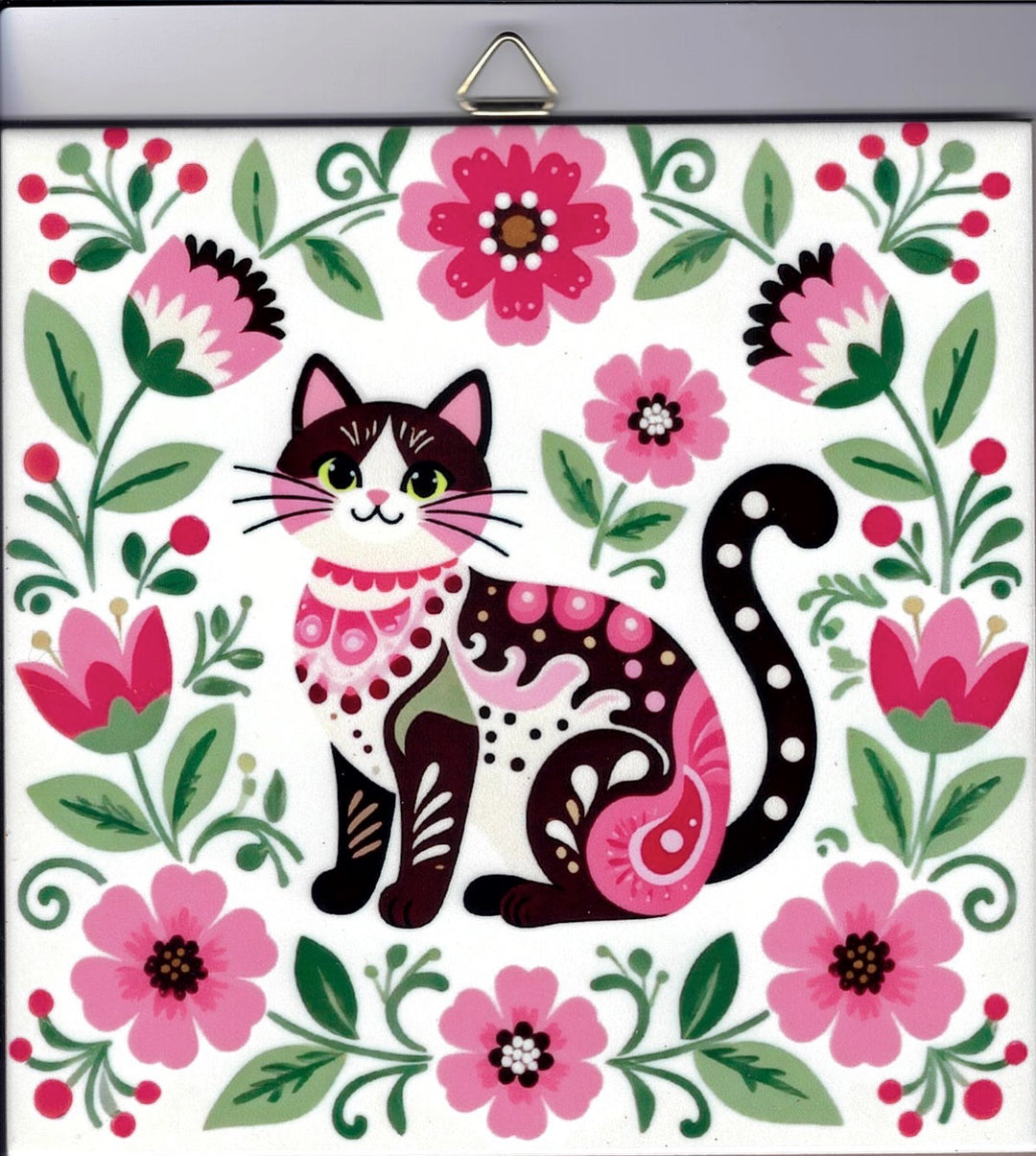 6" ceramic tile, Nordic cat with flowers
