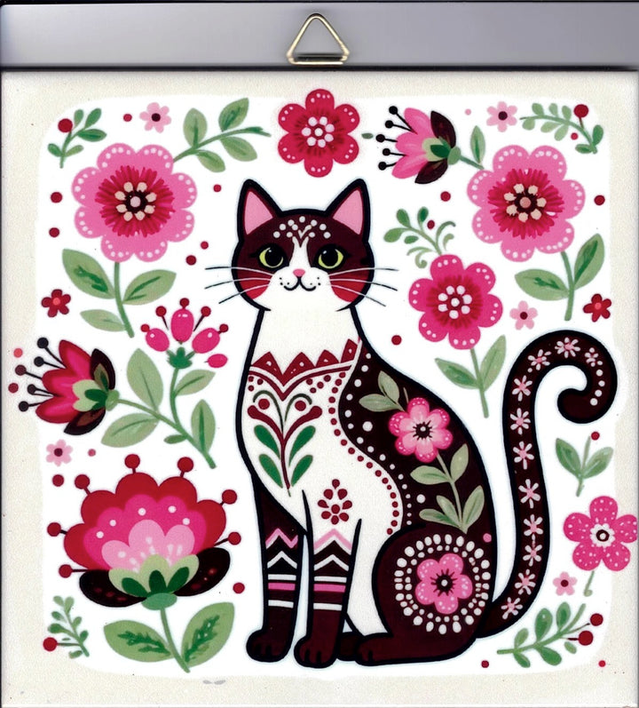 6" ceramic tile, Nordic cat with flowers