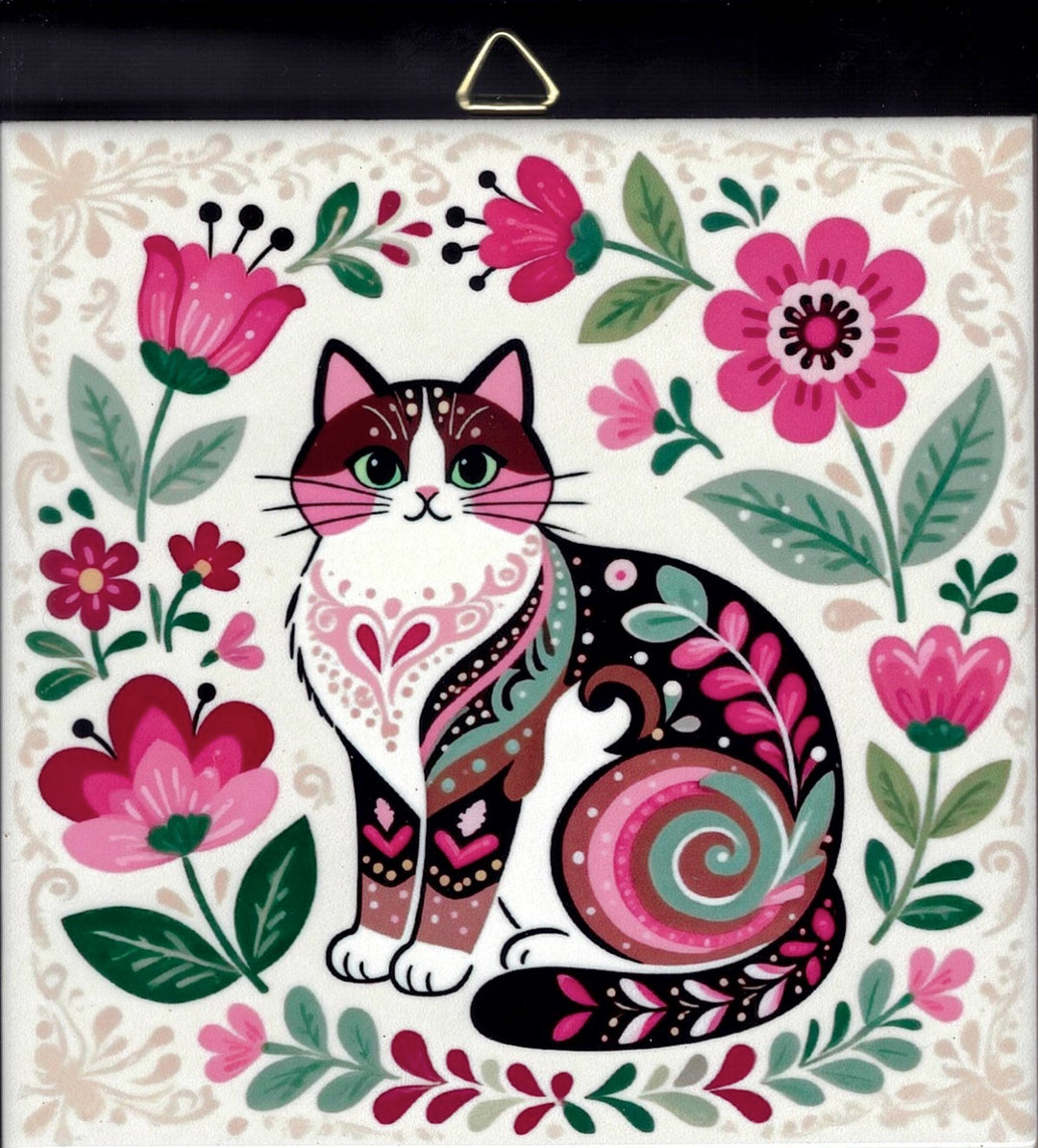 6" ceramic tile, Nordic cat with flowers
