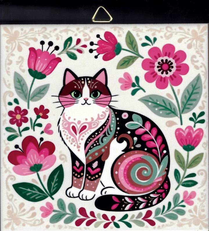 6" ceramic tile, Nordic cat with flowers