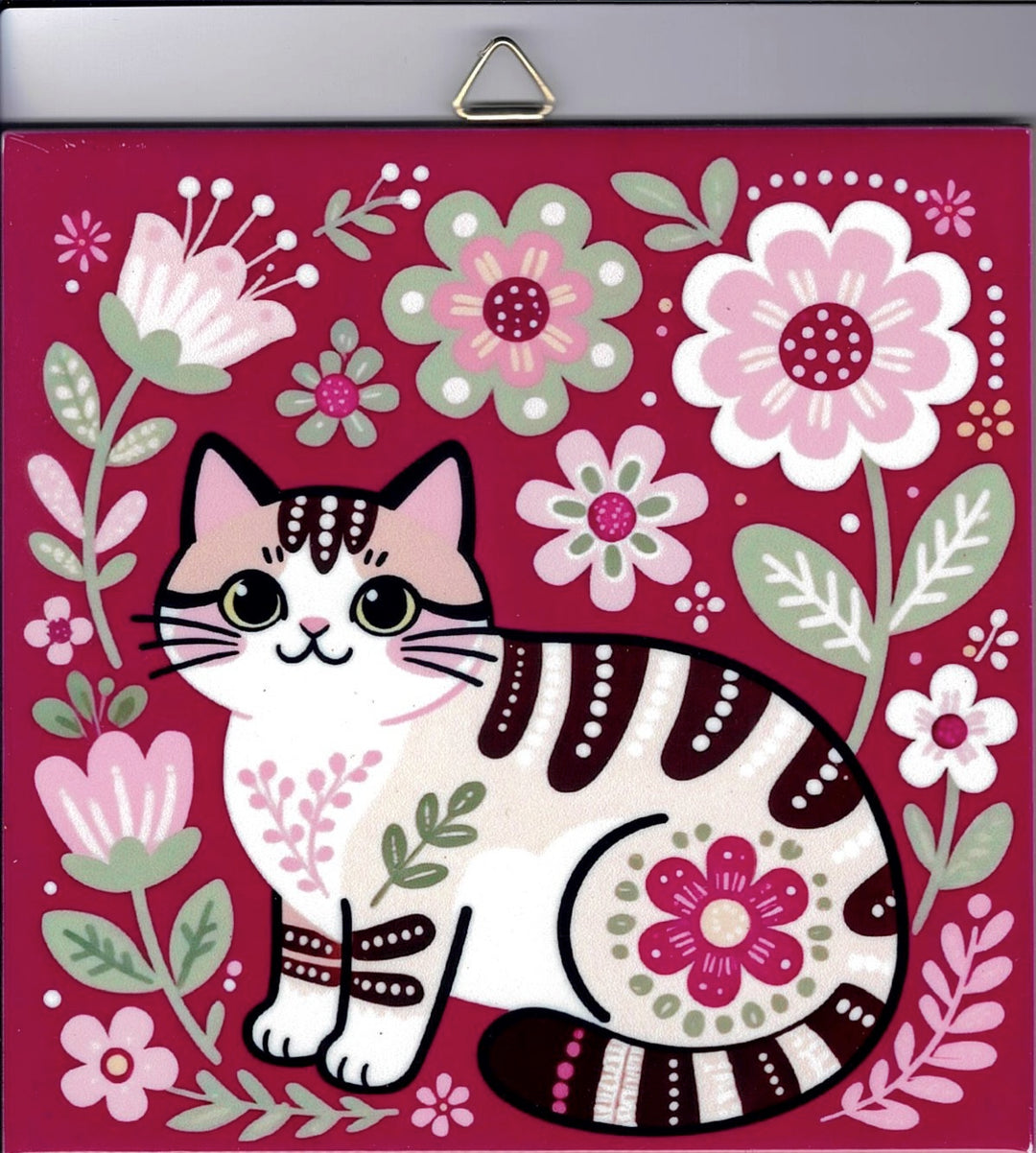 6" ceramic tile, Nordic cat with flowers