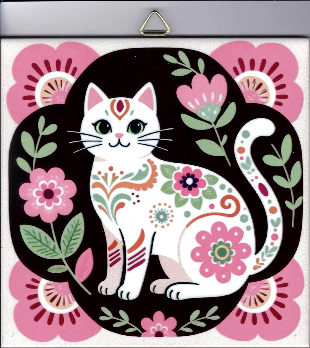 6" ceramic tile, Nordic cat with flowers