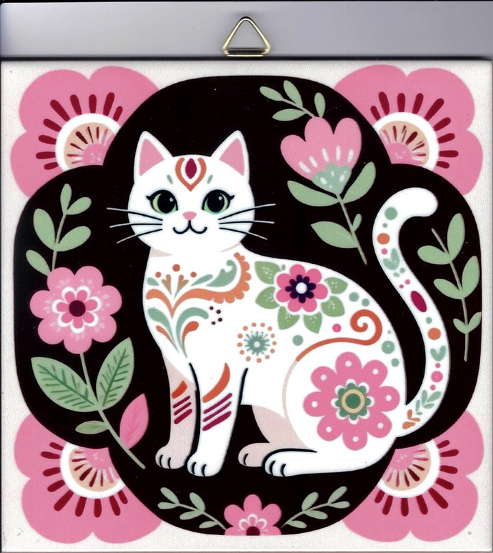 6" ceramic tile, Nordic cat with flowers