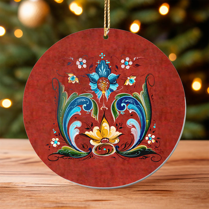 Ceramic ornament, Lise Lorentzen red rosemaling