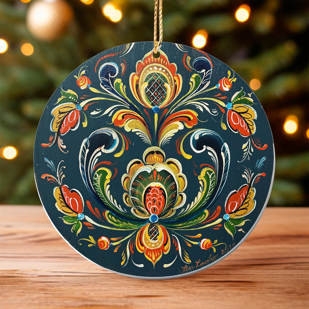 Ceramic ornament, Lise Lorentzen navy blue rosemaling