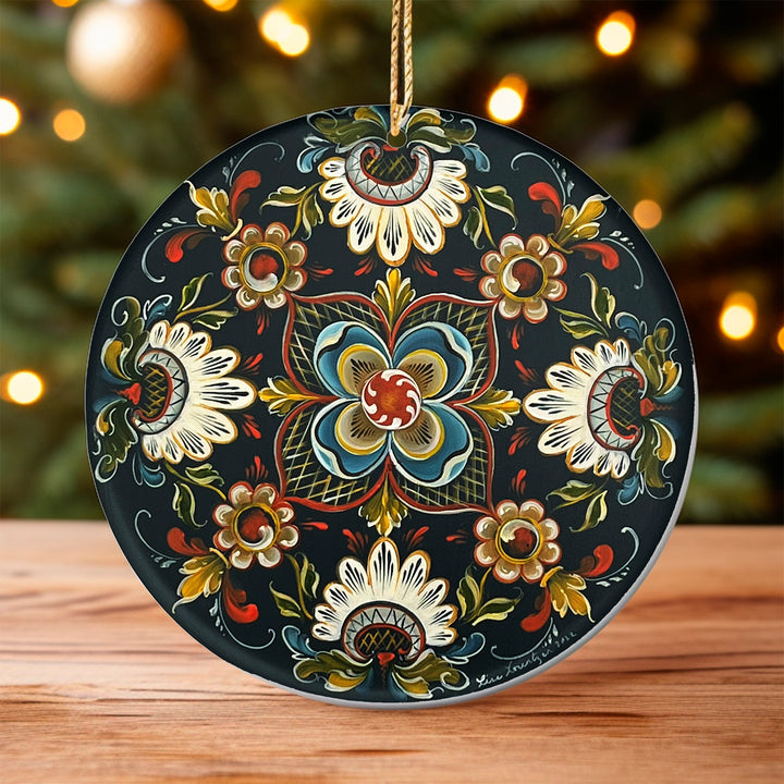 Ceramic ornament, Lise Lorentzen black rosemaling