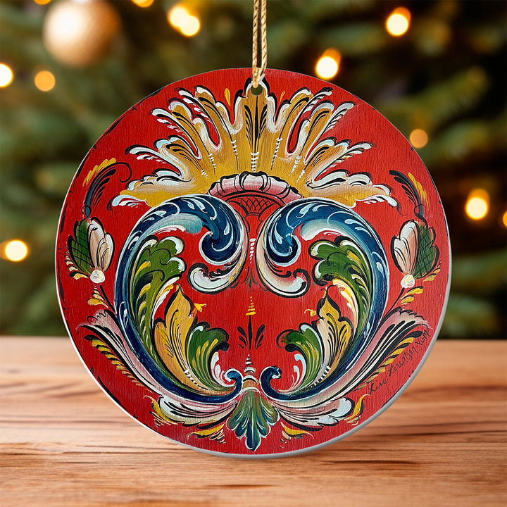 Ceramic ornament, Lise Lorentzen red rosemaling