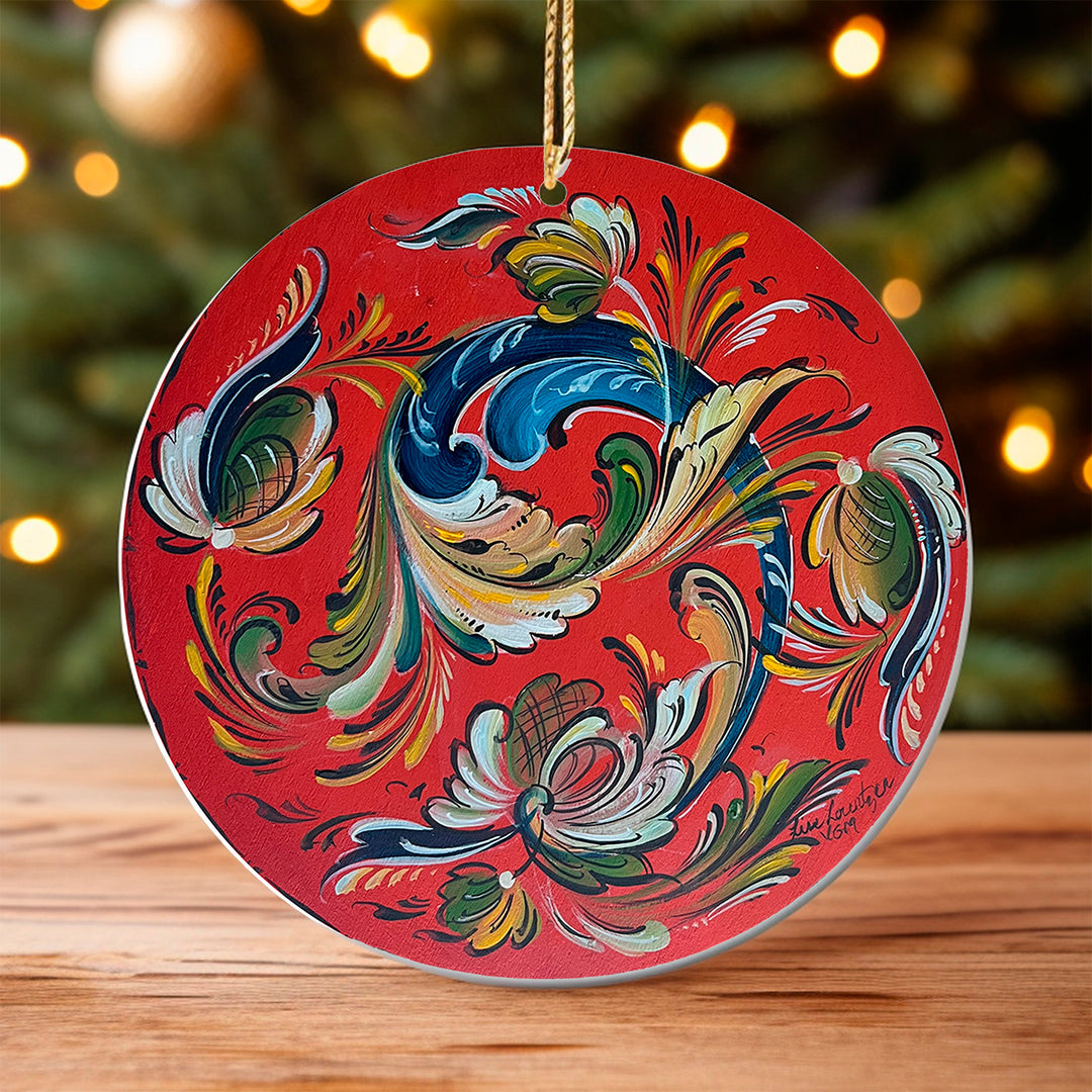 Ceramic ornament, Lise Lorentzen red rosemaling