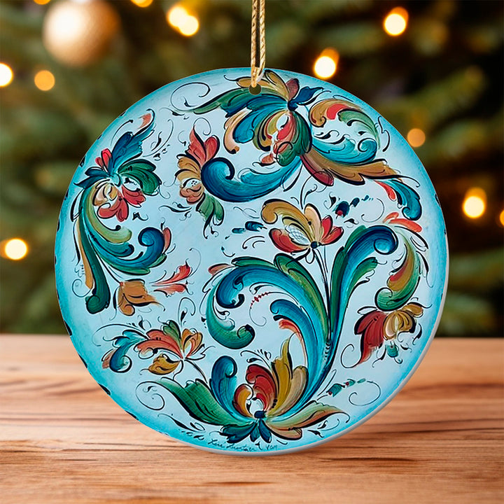 Ceramic ornament, Lise Lorentzen blue rosemaling
