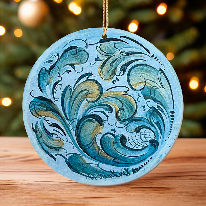 Ceramic ornament, Lise Lorentzen blue rosemaling