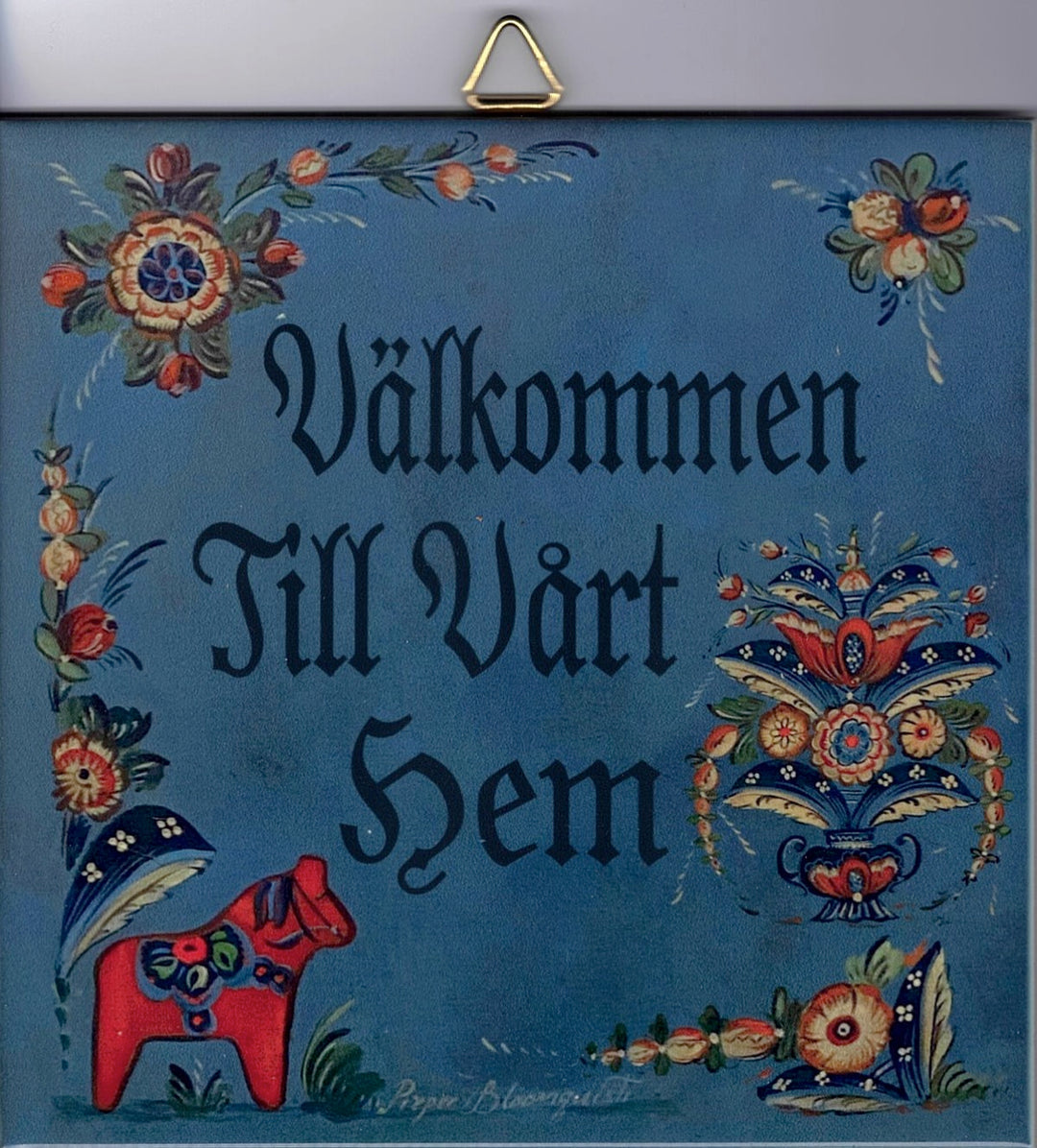 6" Ceramic Tile, Pieper Bloomquist Välkommen till Vårt Hem Kurbits with Dala Horse