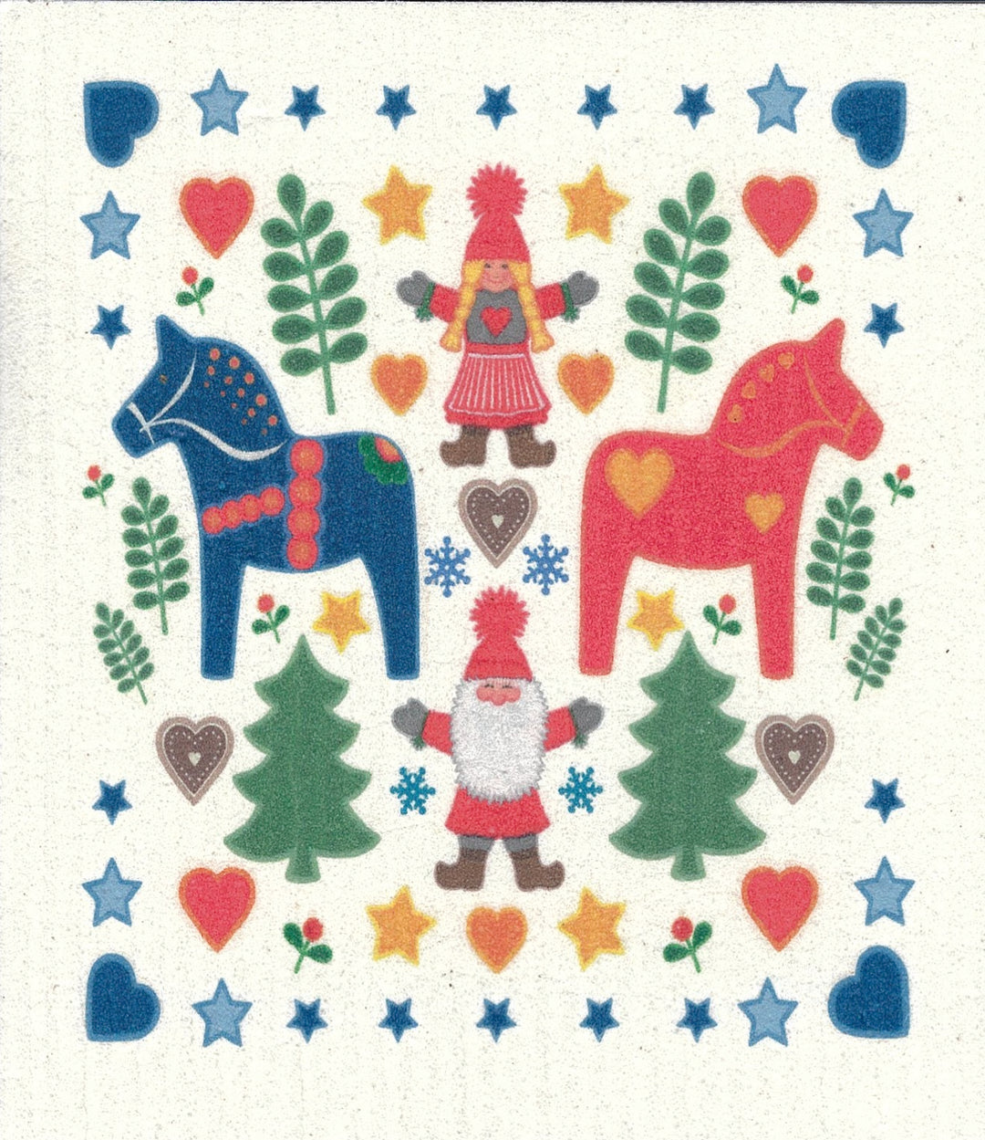 Swedish Dishcloth - Eva Melhuish Gnomes with Dala horses & trees