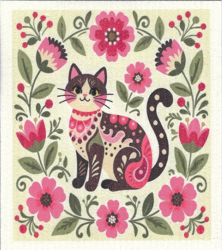 Swedish Dishcloth - Cat & Flowers
