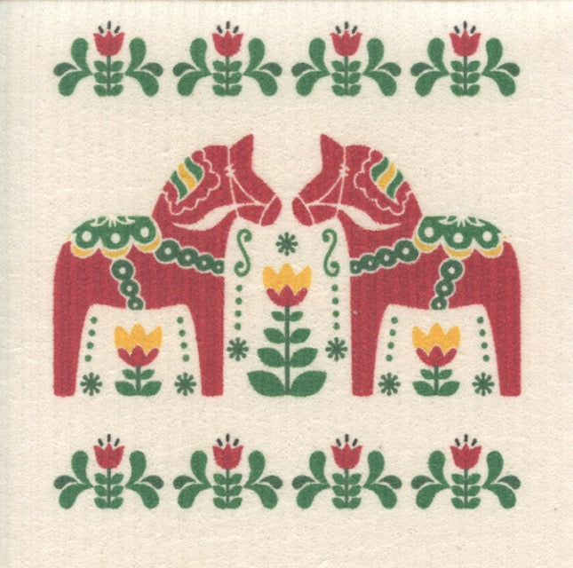 Swedish Dishcloth - Dala horse & flowers