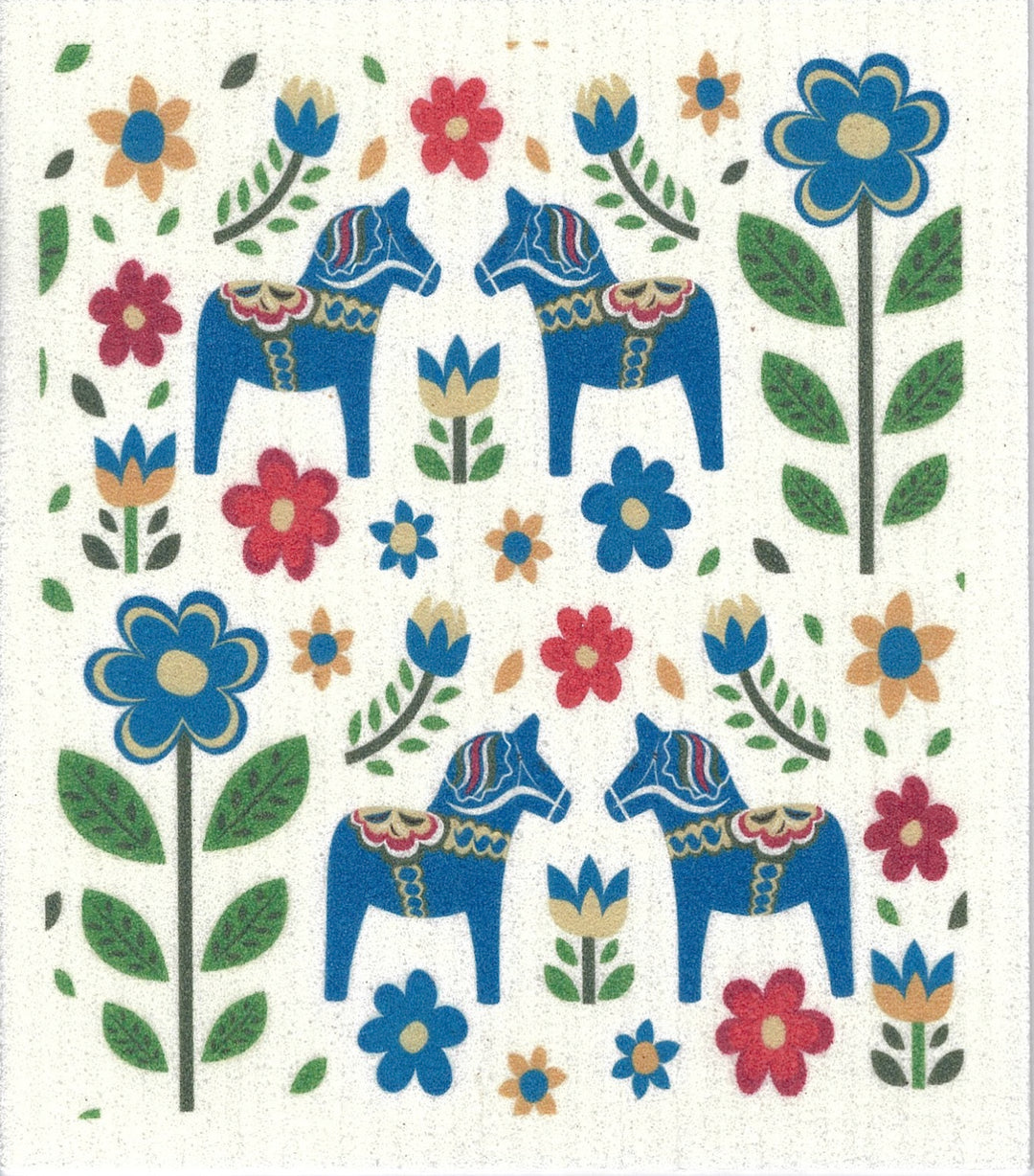 Swedish Dishcloth - Blue Dala Horses & Flowers
