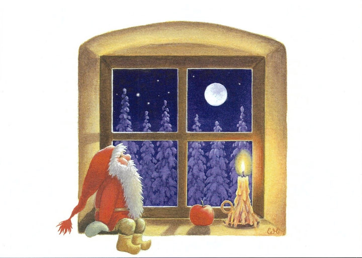 Boxed cards, Eva Melhuish Tomte in the window staring at the moon