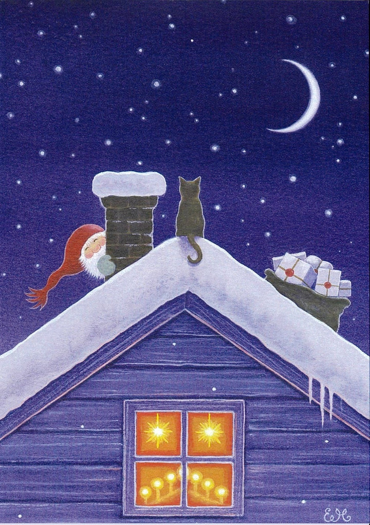 Boxed cards, Eva Melhuish Christmas Tomte & Cat on Roof