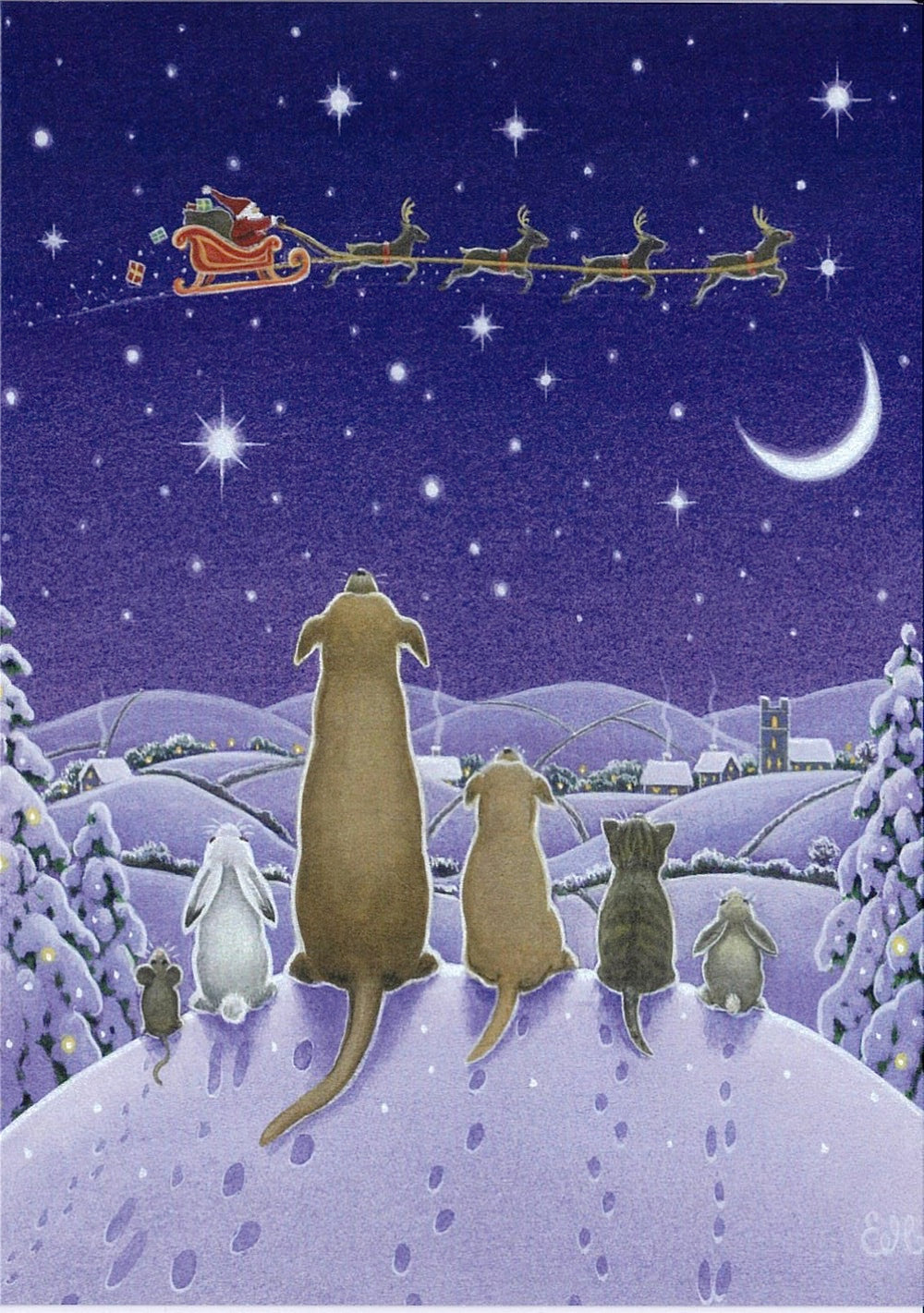 Boxed cards, Eva Melhuish Pets watching Santa's Sleigh