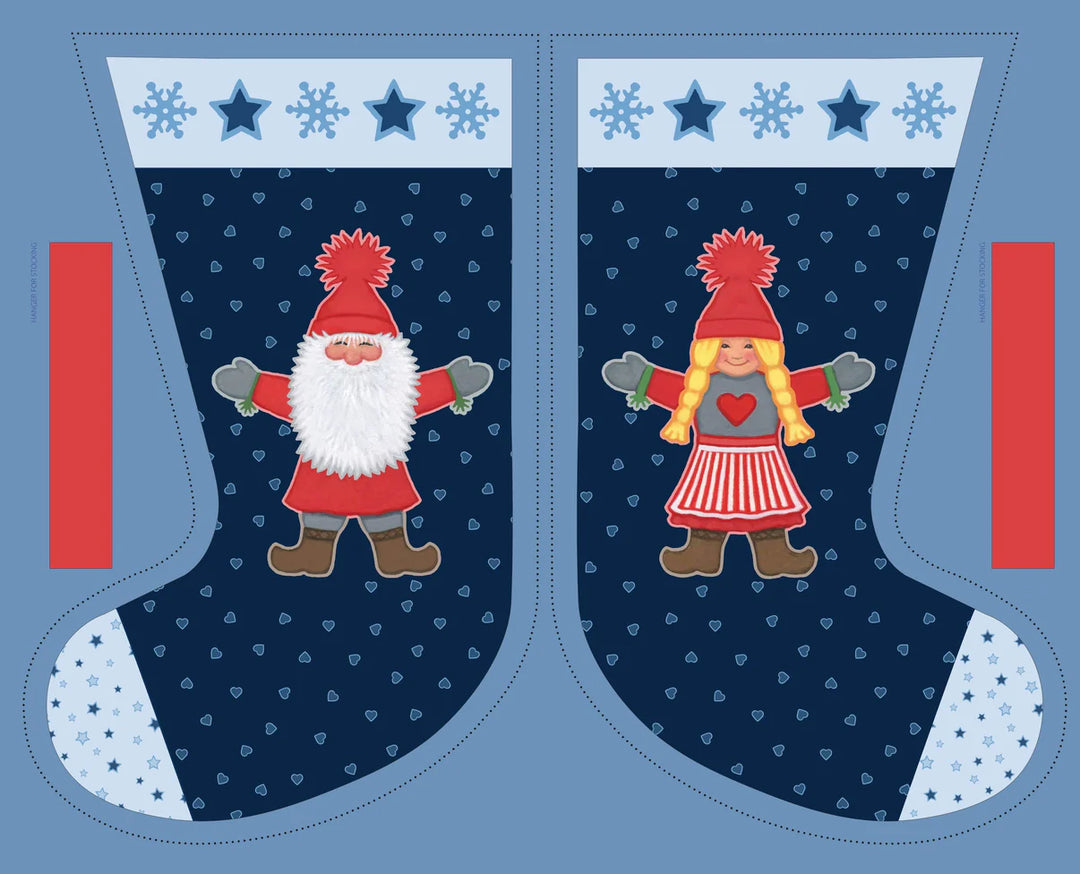 Eva Melhuish Gnome Fabric Stockings -Tomtens Folklore 1 yard panel with 2 stockings