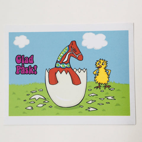 Post card, Karin Didring Glad Påsk Dala horse in egg
