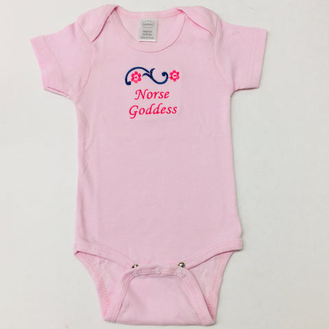Pink Baby Onezie with snaps - Embroidered Norse Goddess