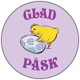 Glad Pask Swedish Happy Easter round, purple button/magnet