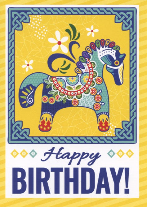 Swedish Happy Birthday Card - Art Deco Dala horse