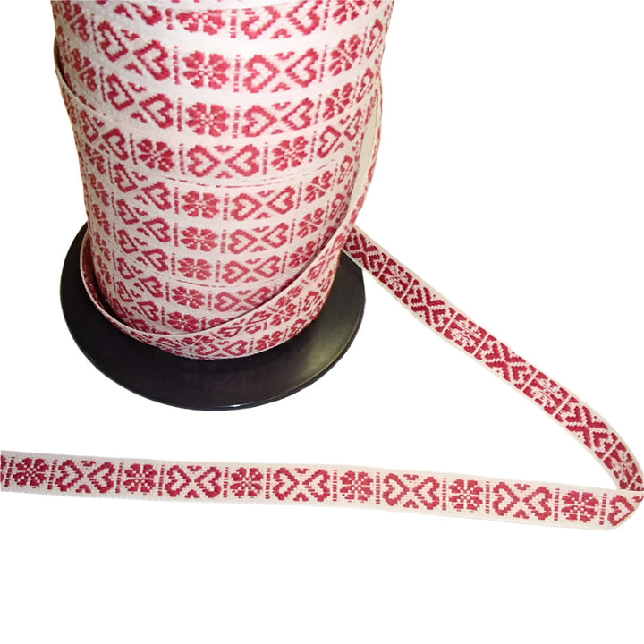 Fabric Ribbon Trim by the yard - Red Hearts on Creme