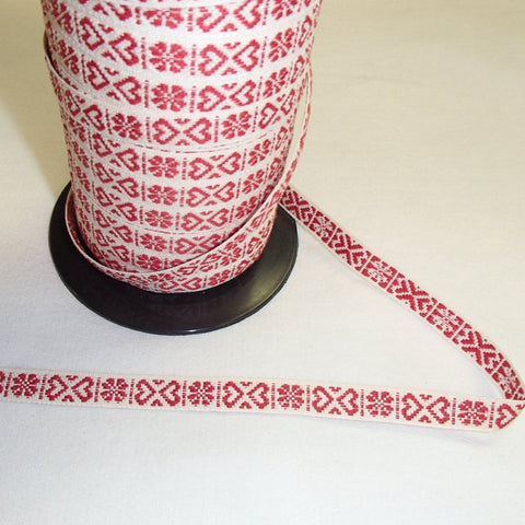 Fabric Ribbon Trim by the yard - Red Hearts on Creme