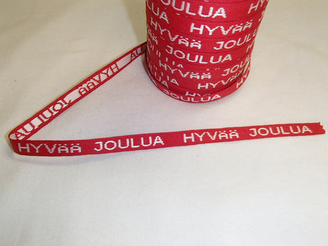 Fabric Ribbon Trim by the yard - Red with white Hyvää Joulua