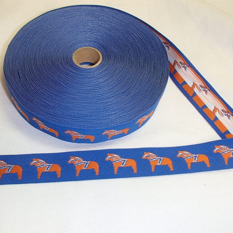Fabric Ribbon Trim by the yard - Dala Horses on blue