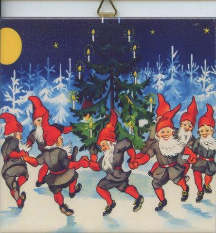 6" Ceramic tile, Gnomes dancing around Christmas tree