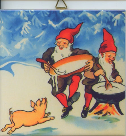 6" Ceramic tile, Gnomes cooking porridge