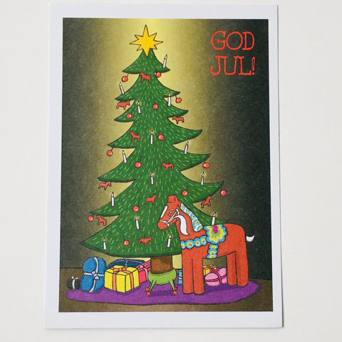 Post card, Karin Didring Dala horse & Christmas tree