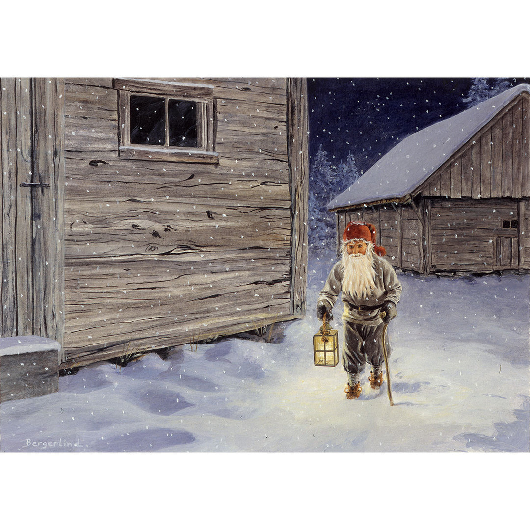 Boxed cards, Jan Bergerlind tomte walking with lantern.