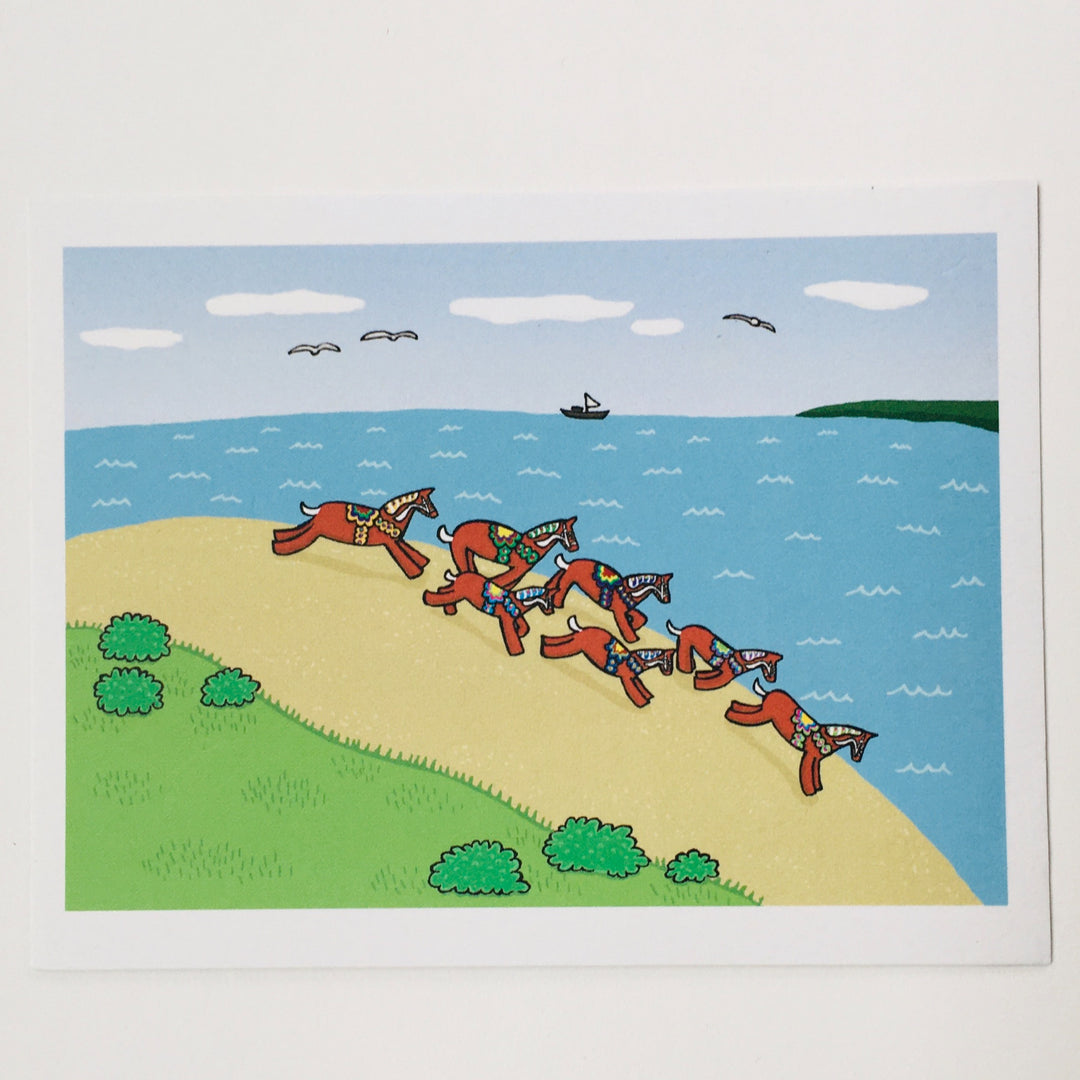 Post card, Karin Didring Dala horses at the Beach