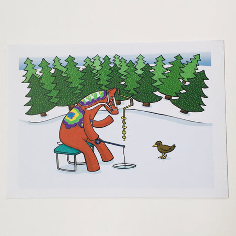 Post card, Karin Didring Dala horse Ice Fishing