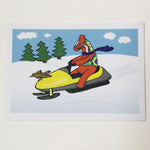 Post card, Karin Didring Dala horse on Snowmobile