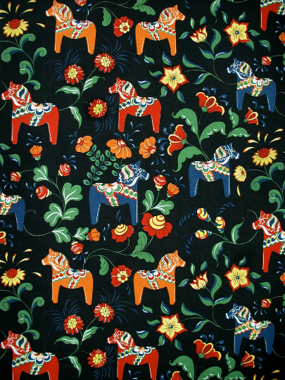 Swedish fabric - Black with Dala Horses & Kurbits