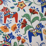 Swedish fabric - Ecru w/ multi color Dala horses & kurbits