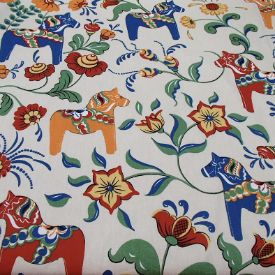 Swedish fabric - Ecru w/ multi color Dala horses & kurbits