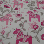 Swedish fabric - White w/ Pink Dala horses & kurbits