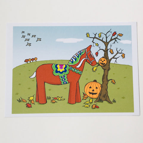 Post card, Karin Didring Dala horse with Autumn Pumpkin