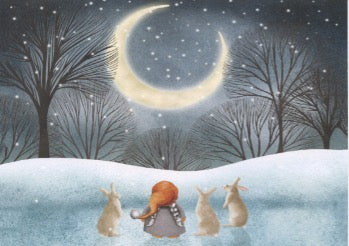 Boxed cards, Gnome with Bunnies in Snowy Moonlight