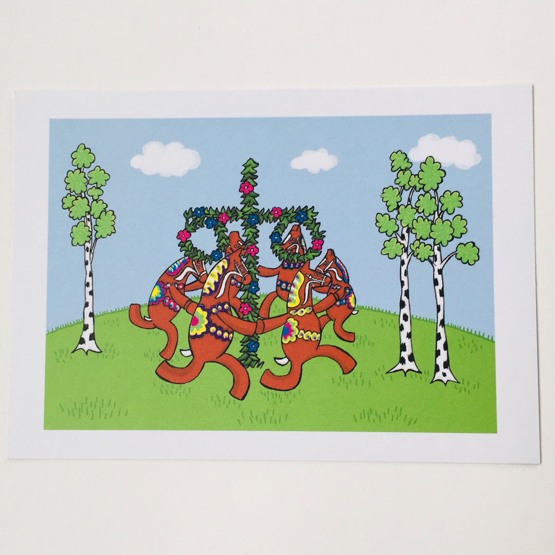 Post card, Karin Didring Dala horses Dancing around Maypole