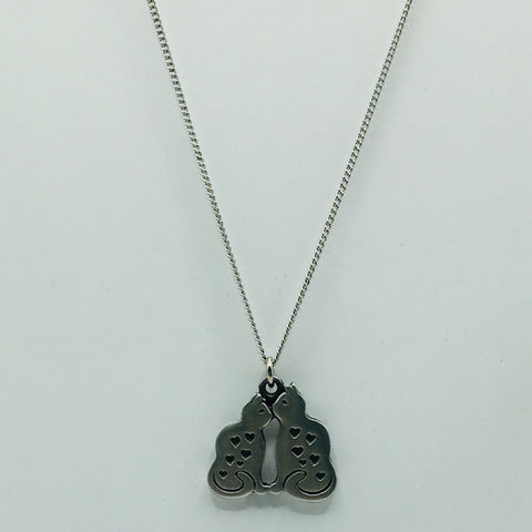 Swedish Pewter Two Cats with Hearts Pendant Necklace