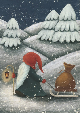 Boxed cards, Tomte pulling sled