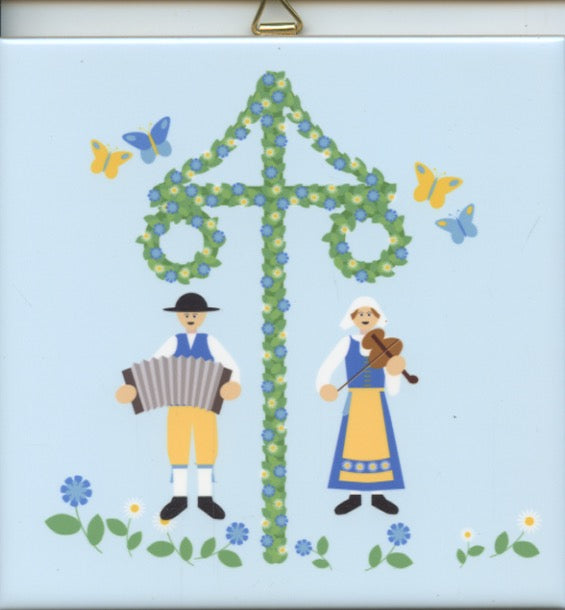 6" Ceramic tile, Swedish couple with Midsummer maypole