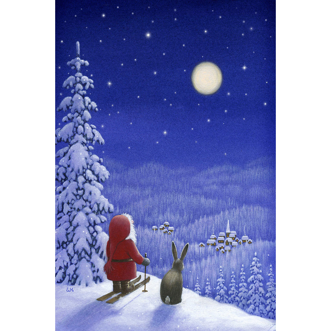 Paper Poster, Eva Melhuish Tomte on Skiis w/bunny