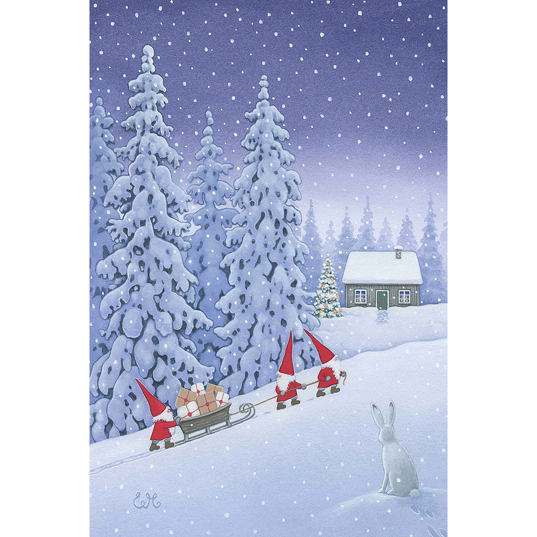 Paper Poster, Eva Melhuish, Three Gnomes Pulling Sled Uphill